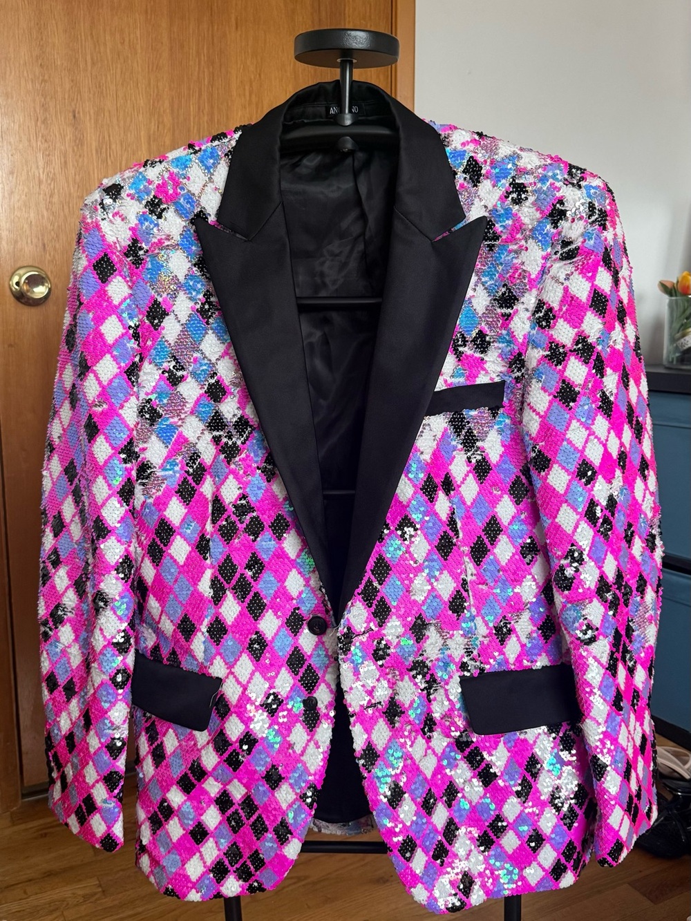Sequin Argyle Sport Blazer in Hot Pink and Black